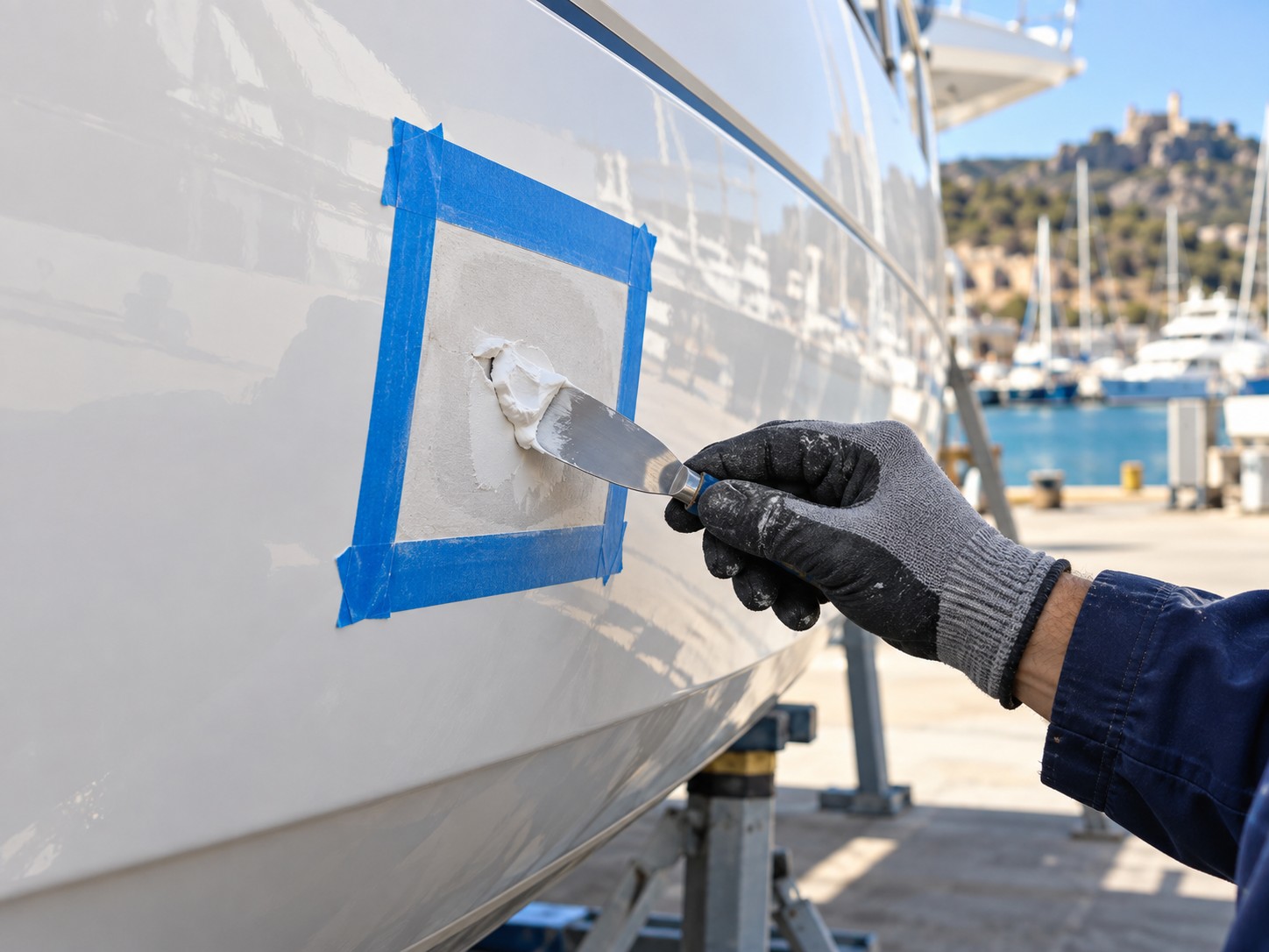 Gelcoat-Reparatur an einem weißen Yachtrumpf mit Spachtel und abgeklebter Reparaturstelle